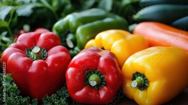 Fototapeta vibrant assortment of fresh bell peppers in red, yellow, and green hues, surrounded by leafy greens and zucchini, showcasing colorful and healthy vegetable display