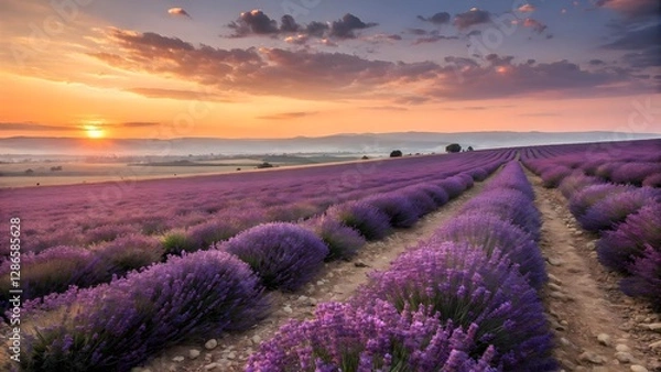 Obraz Lavender Field at Sunset, Scenic Landscape with Vibrant Purple Flowers