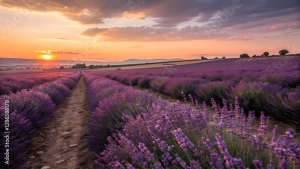 Obraz Lavender Field at Sunset with Vibrant Purple Flowers and Scenic Landscape