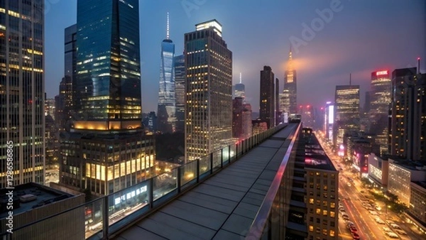 Obraz Modern City Skyline at Night from Rooftop, Urban Lights and Skyscrapers