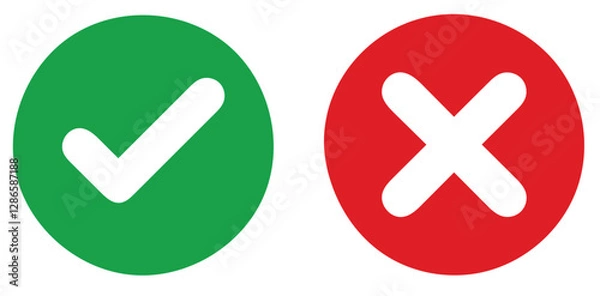 Fototapeta Set of green checkmark, red cross, x mark icon, flat rounded right and wrong sign concept vector illustration. tick mark symbol and x cross icon