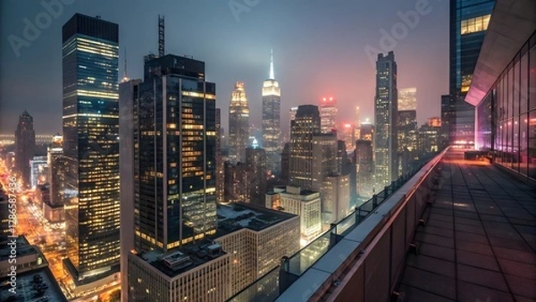 Obraz Nighttime Cityscape from Rooftop, Skyscrapers and Urban Lights