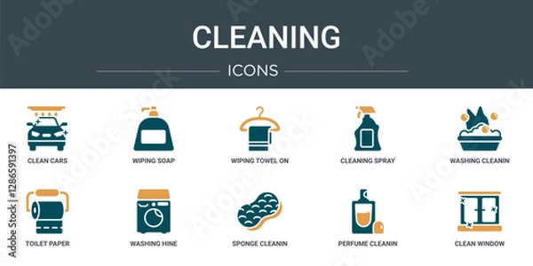 Obraz set of 10 outline web cleaning icons such as clean cars, wiping soap, wiping towel on a hanger, cleaning spray, washing cleanin, toilet paper, washing hine vector icons for report, presentation,