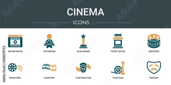 Obraz set of 10 outline web cinema icons such as online movie, vip person, film award, ticket office, zoetrope, movie reel, filmstrip vector icons for report, presentation, diagram, web design, mobile app