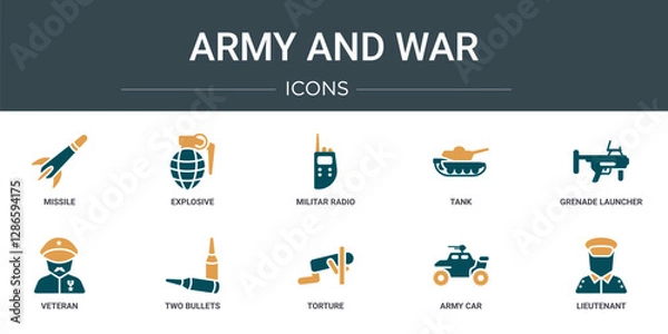 Obraz set of 10 outline web army and war icons such as missile, explosive, militar radio, tank, grenade launcher, veteran, two bullets vector icons for report, presentation, diagram, web design, mobile