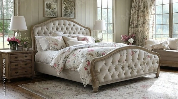 Fototapeta Floral bedding on tufted bed in elegant bedroom