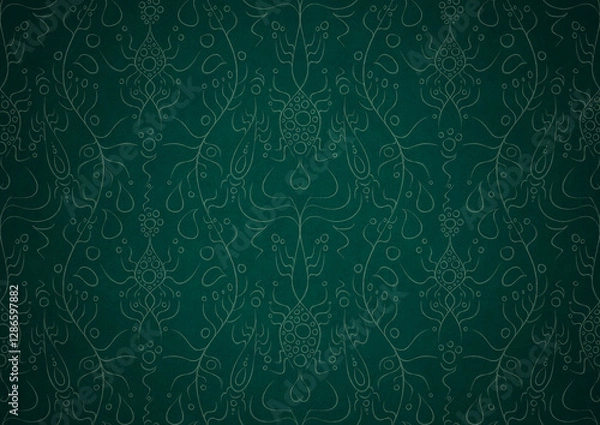 Obraz Hand-drawn unique abstract symmetrical seamless ornament. Bright green on a deep cold green with vignette of a darker background color. Paper texture. Digital artwork, A4. (pattern: p13-1b)