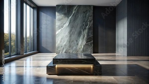 Fototapeta Dark, glossy onyx stone slab sits atop a sleek, modern pedestal amidst an empty, minimalist room, decoration, onx,  decoration,onx
