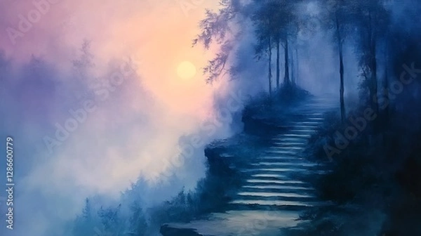 Fototapeta Serene sunrise paints misty mountain path steps softly ascending. AI Generated