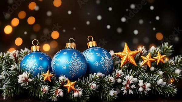 Fototapeta Christmas and New Year banner with blue baubles, golden stars, and frosted pine branches on a dark background