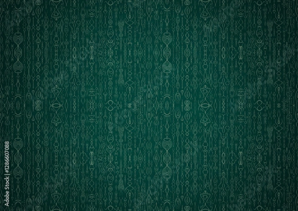 Obraz Hand-drawn unique abstract symmetrical seamless ornament. Bright green on a deep cold green with vignette of a darker background color. Paper texture. Digital artwork, A4. (pattern: p14b)