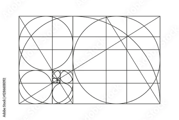 Obraz Golden ratio template. Method golden section pattern. Fibonacci array, numbers, shapes mockup. Harmony proportions frame. Outline graphic illustration.
