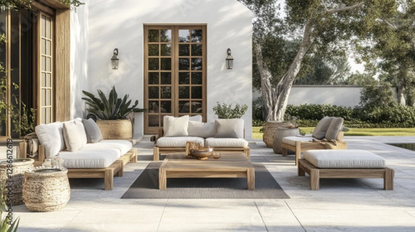 Obraz Elegant outdoor patio with wooden lounge chairs and cushions, surrounded by lush greenery and potted plants, creating serene and inviting atmosphere