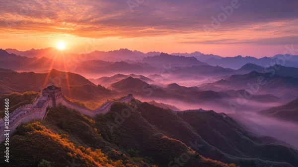 Obraz Great Wall of China is bathed in golden glow of stunning sunrise, with misty mountains in background creating serene and majestic landscape