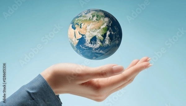Fototapeta 거대한 손 위에 떠 있는 작은 지구