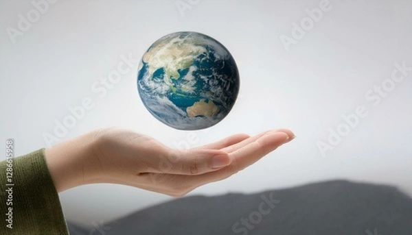 Fototapeta 거대한 손 위에 떠 있는 작은 지구