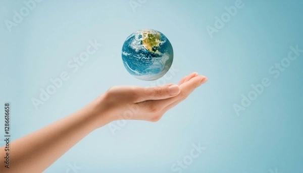Fototapeta 거대한 손 위에 떠 있는 작은 지구