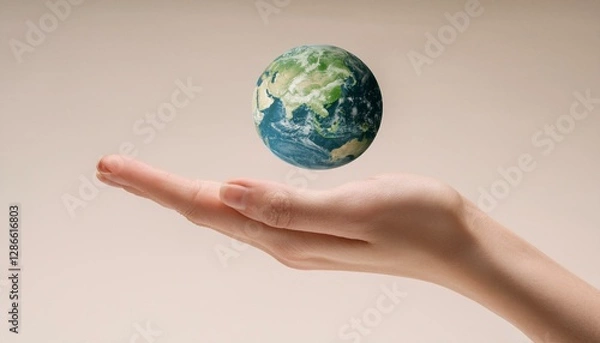 Fototapeta 거대한 손 위에 떠 있는 작은 지구