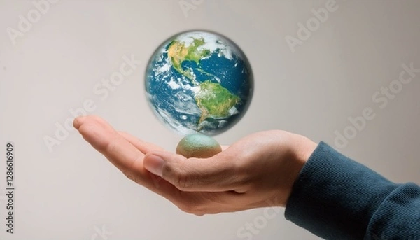 Fototapeta 거대한 손 위에 떠 있는 작은 지구
