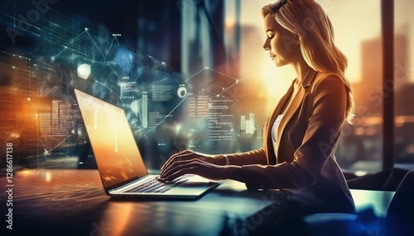 Obraz Financial Business Analytics Data Dashboard. Analyst Woman, Businesswoman using laptop with icon on virtual screen, business concept, modern office High quality image