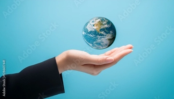 Fototapeta 거대한 손 위에 떠 있는 작은 지구