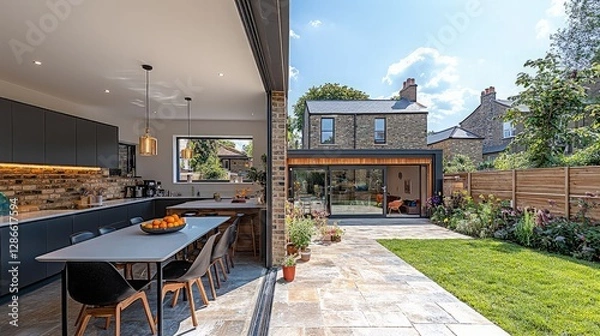 Fototapeta Modern kitchen, open-plan extension, garden view, residential.  Use Stock photo for home design or architecture
