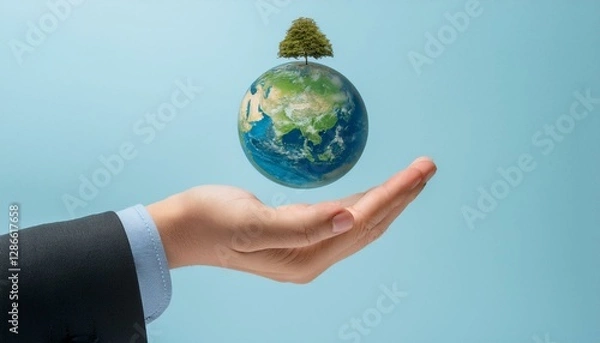 Fototapeta 거대한 손 위에 떠 있는 작은 지구