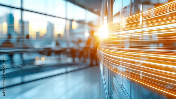 Fototapeta modern office interior with blurred lines of light, showcasing vibrant sunset. scene captures dynamic atmosphere, emphasizing innovation and collaboration
