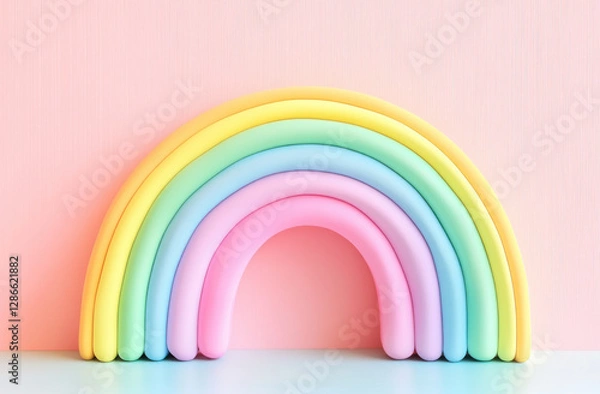 Obraz soft pastel rainbow arch against light pink background creates cheerful and whimsical atmosphere. smooth, colorful arcs are visually soothing and playful