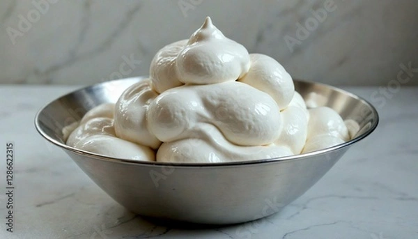 Obraz Silver bowl with white meringue on marble