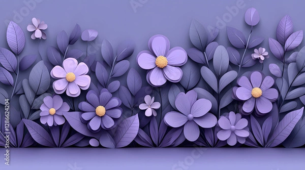 Fototapeta Vibrant Display of Purple Flowers With Green Leaves Arranged Beautifully on a Soft Backdrop, Captured in Bright Natural Light During Springtime