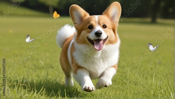 Fototapeta A happy corgi runs through a grassy field with butterflies around.