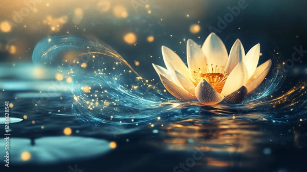Fototapeta Beautiful golden lotus flower floating on water, surrounded by magical glowing lights, symbolizing spirituality, purity, and the power of inner peace.
