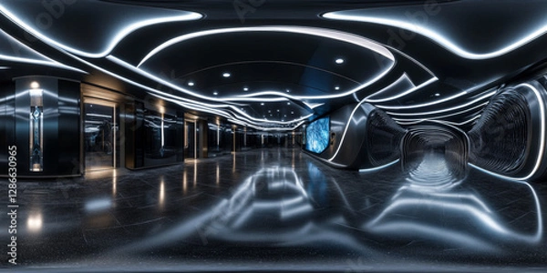 Fototapeta HDRI 360-degree panoramic view of a futuristic sci-fi corridor