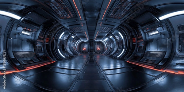 Fototapeta HDRI 360-degree panoramic view of a futuristic sci-fi corridor