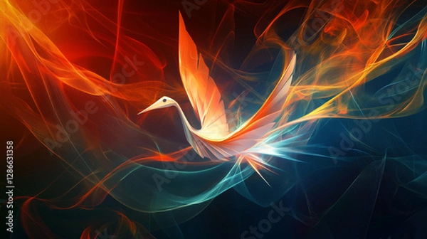 Fototapeta Mystical phoenix bird rising from glowing flames, symbolizing rebirth, resilience, and transformation in an abstract fantasy concept.
