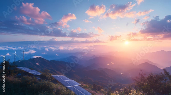 Fototapeta Sustainable Energy Sunrise: A breathtaking landscape panorama showcases renewable energy with solar panels and wind turbines set against a vibrant sunrise.