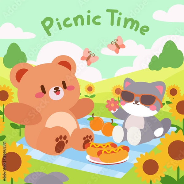 Obraz Kawaii Picnic Scene with Bear and Cat in a Beautiful Meadow.