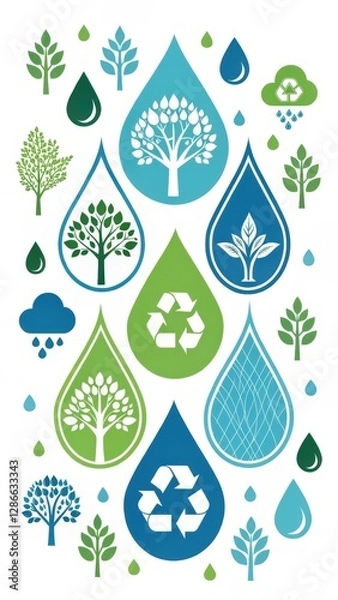 Fototapeta Stylized Raindrops Featuring Nature Icons in Blue and Green