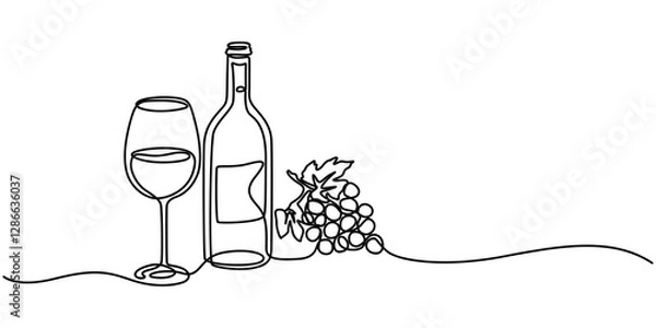 Fototapeta continuous one line drawing bottle of wine with wineglass and grape, wine drawn in one simple line, Beer glass and bottle one continuous line drawing vector illustration, pro minimalist concept style.
