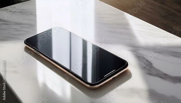 Fototapeta 대리석 상판 위에 스마트폰이 놓여 있고,  화면에 빛이 반사되고 있다