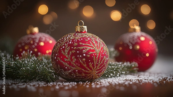Fototapeta Festive red Christmas ornaments with gold designs on wooden table, surrounded by fir branches and snow, creating warm holiday atmosphere