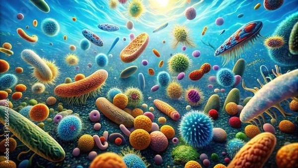 Obraz Microscopic view of colorful bacteria floating in a bright blue ocean background with tiny waves and seaweed details , Blue