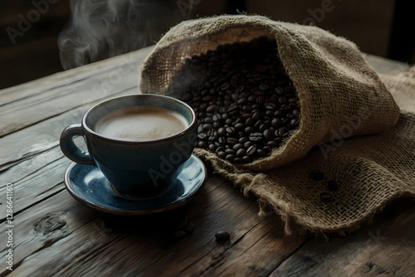 Fototapeta Aromatic Brew and Beans: A steaming cup of freshly brewed coffee sits invitingly next to a burlap sack overflowing with roasted coffee beans on a rustic wooden table.