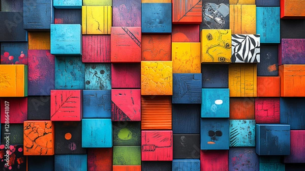 Fototapeta A dynamic poster featuring bright squares in various hues, each holding inspiring words or creative illustrations 