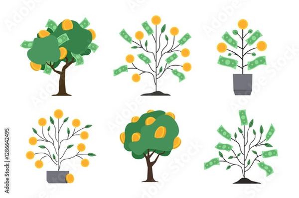 Fototapeta Money Tree vector set. Financial success and investment growth concept. Money plants with gold coins and paper dollars. Flat vector illustration isolated on white background.