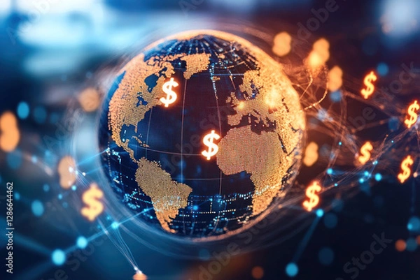 Obraz glowing globe with dollar signs and financial connections represents global economy and trade. image highlights international finance, currency exchange, and economic networks