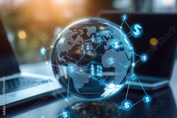Fototapeta digital globe with dollar signs connected by lines symbolizes global finance and technology. image features laptops in background, highlighting integration of digital currency in modern business