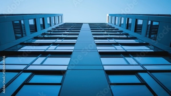 Fototapeta Tall blue building with large windows viewed from below