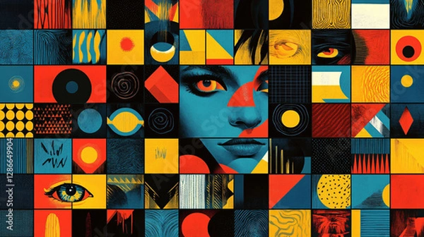 Fototapeta A trendy poster design with overlapping square shapes, each containing a different vibrant gradient or abstract symbol